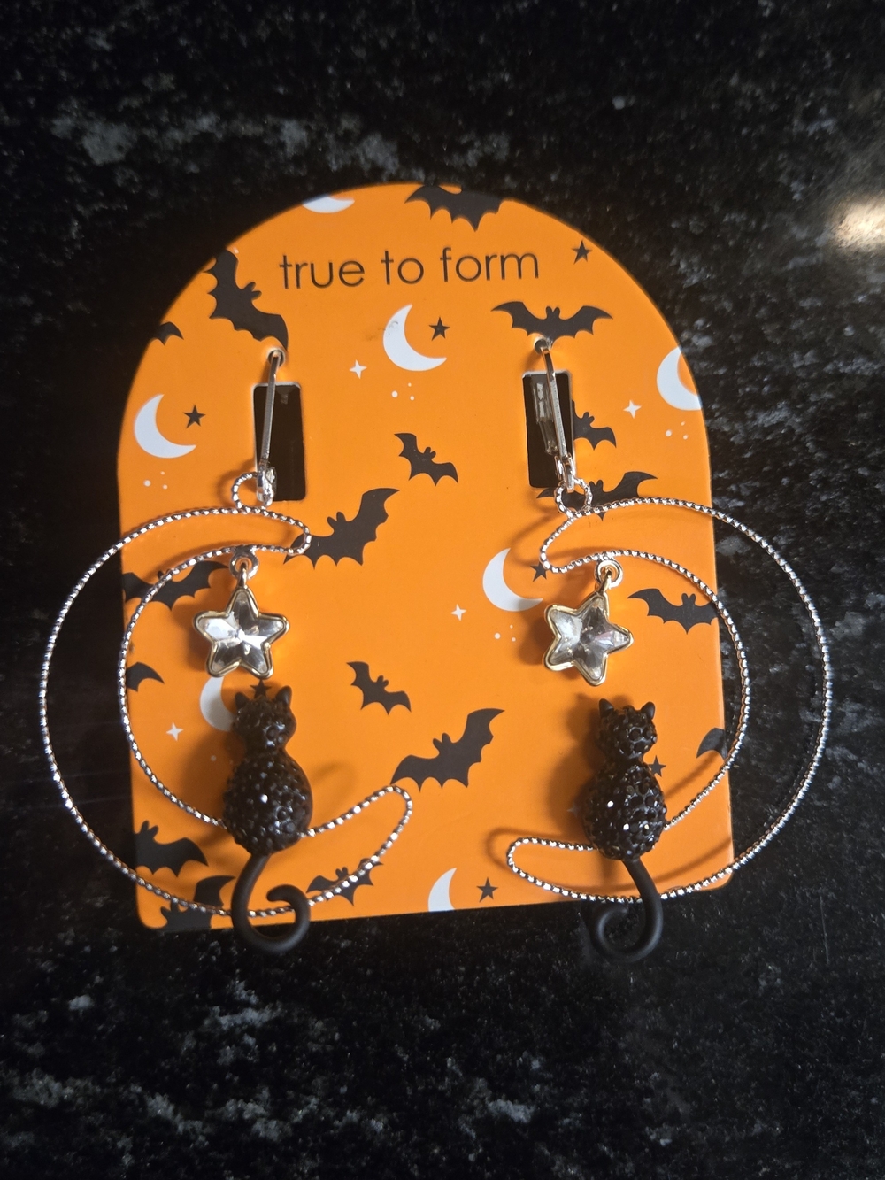True To Form Black Cat Hoop Earrings with Silver Star